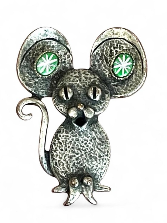 Vintage Jewelry - Vintage 1970s Torino-Style Pewter Mouse Brooch Pin Earring Holder Whimsical EUC